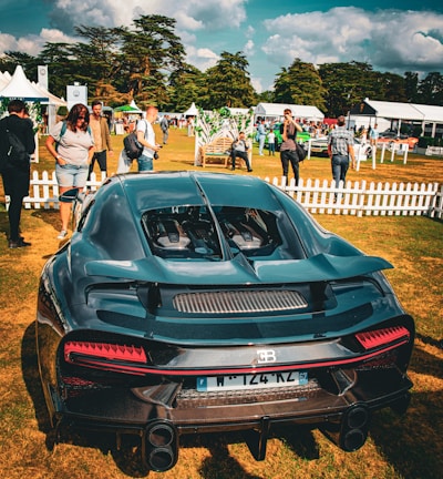 A luxury sports car is parked on a grassy area surrounded by people. The vehicle is sleek and modern with a shiny black exterior. In the background, a small crowd is gathered, with people standing near white picket fences and tents. The scene is set outdoors with trees and a partly cloudy sky.